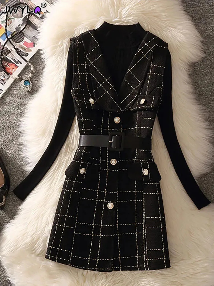 Plaid Tweed Vest Jacket 2 Piece Set Women Vintage Mid-length 75cm Elegant Pearl Button Belted Unlined Waistcoat And Knit Sweater