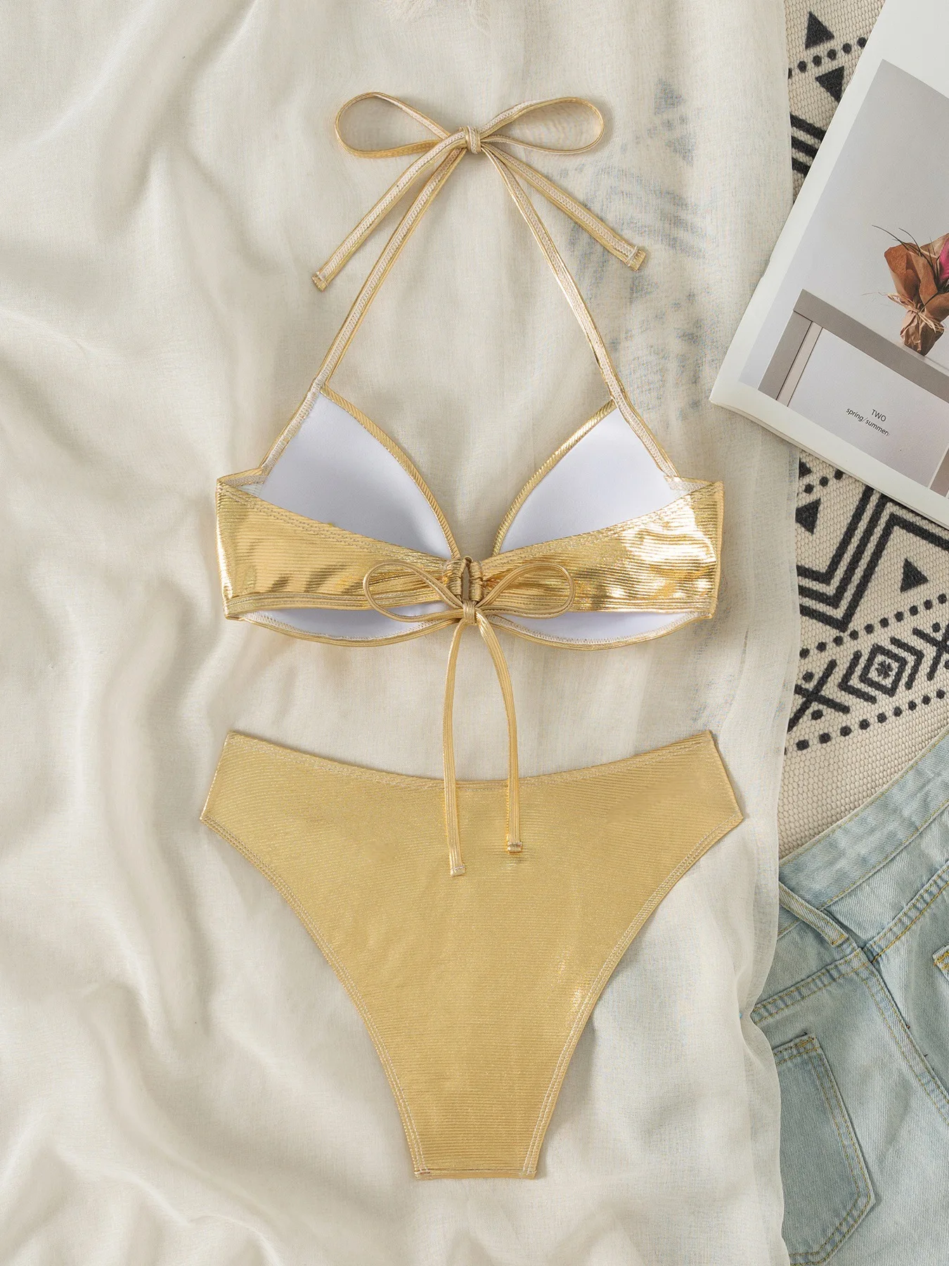 Sexy Metallic Gold Push Up Bikinis Sets Two Pieces Plain Swimsuits Halter Back Tie Swimwear Biquini Conjunto De Bikini Tankini