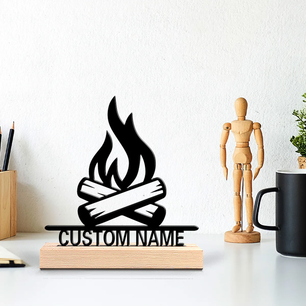 1pc Fashion firewood Custom Letter Metal Statue Iron Ornament Tin Sculpture With Wood Base Metal Ornament For Boys Gifts