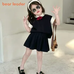 Bear Leader Summer Baby Girls' Clothing Flip Collar Bow Top+Pleated Skirt Two-piece Set for Girls Preppy Style Kids Clothes