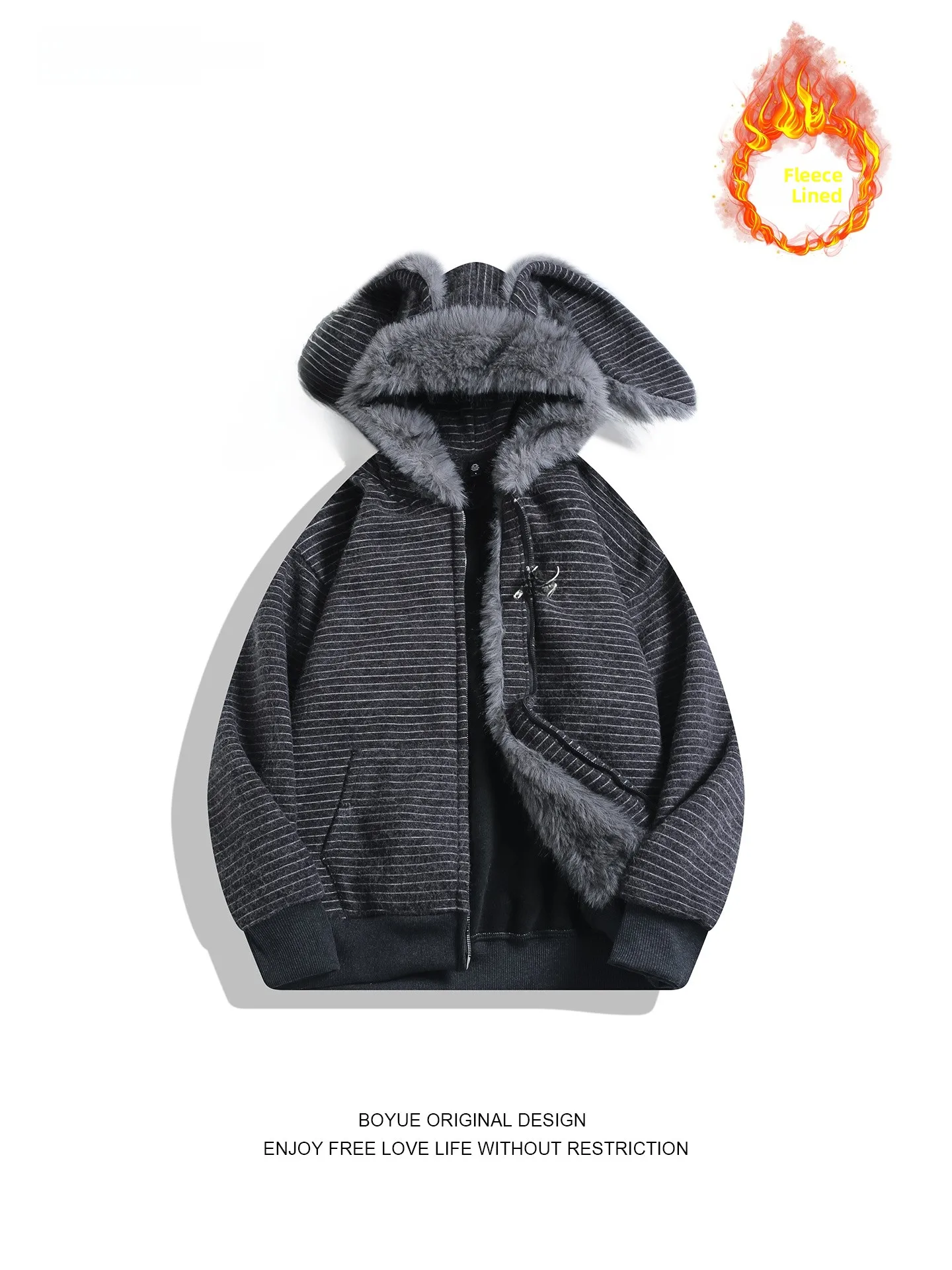 

Худи BOYUE в американском ретро-стиле с полосками, ушками кролика, на флисовой подкладке, с меховым воротником, повседневная верхняя одежда для весны, осени и зимы