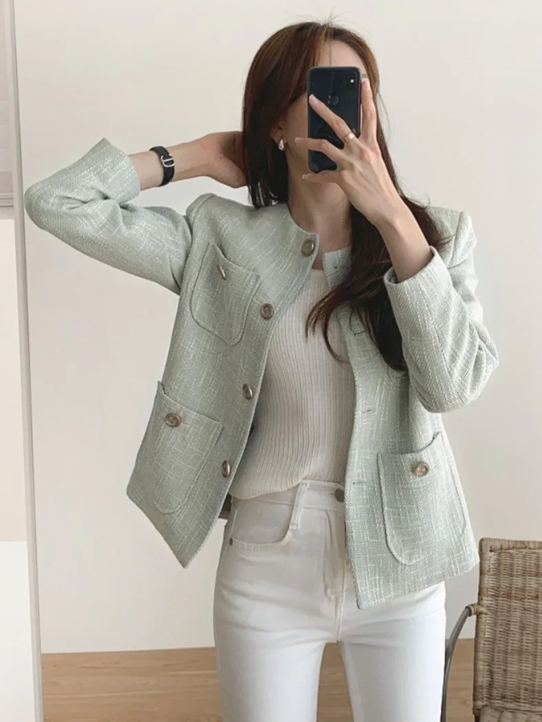 

Ele round Ne ort Пальто с дизайном пуговиц и несколькими кетами Свободная женская верхняя одежда Long Sve Tweed Faion