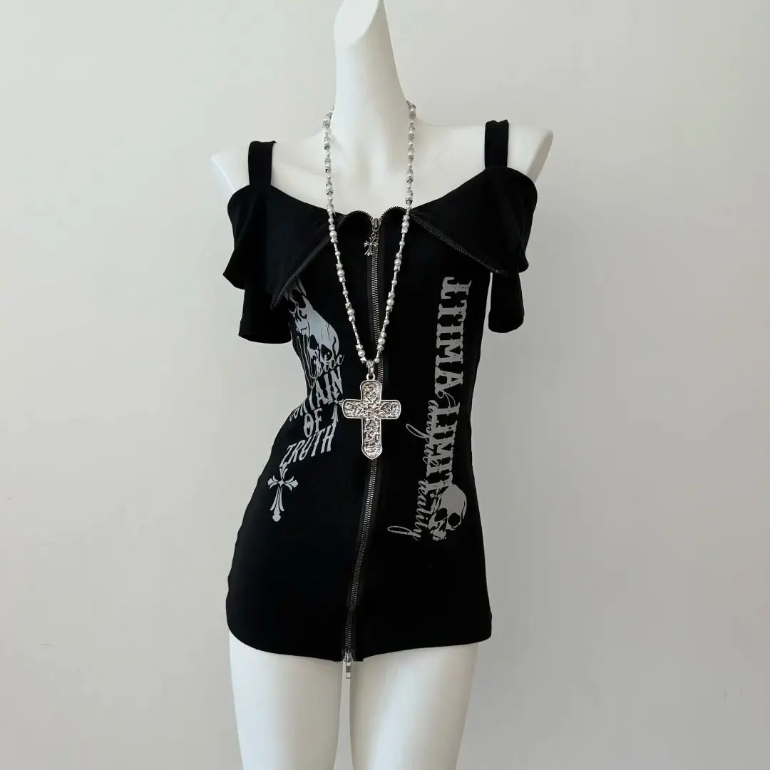 

2025 Y2k Aesthetic Skull Letter Printing Vintage Tops Streetwear Slash Neck Tshirts Women Grunge Dual Zippers ​Harajuku Tees