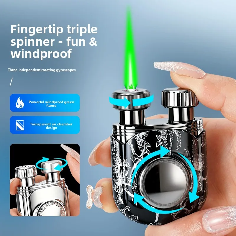 Direct Jet Green Flame Lighter, Rotating Stress‑Relief Gyro Windproof Inflatable Lighter, Triple‑Rotation Creative Gift