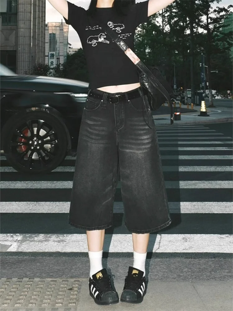 

plus Size Women's Black Washed Denim Shorts Summer American Retro Loose Wide Leg Slim Straight Tube Pants High Waist Jeans