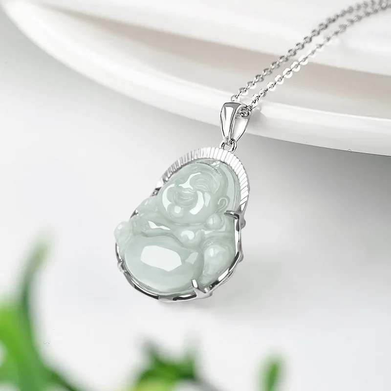 Burmese Jade Maitreya Pendant Natural Pendants White Talismans 925 Silver Necklace Charms Emerald Jadeite Charm Certificate