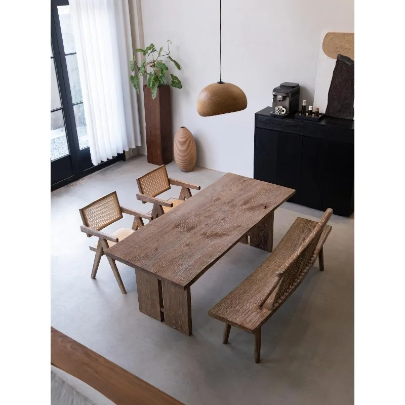 

Wabi-sabi large board solid wood dining table, retro ash wood log tea table