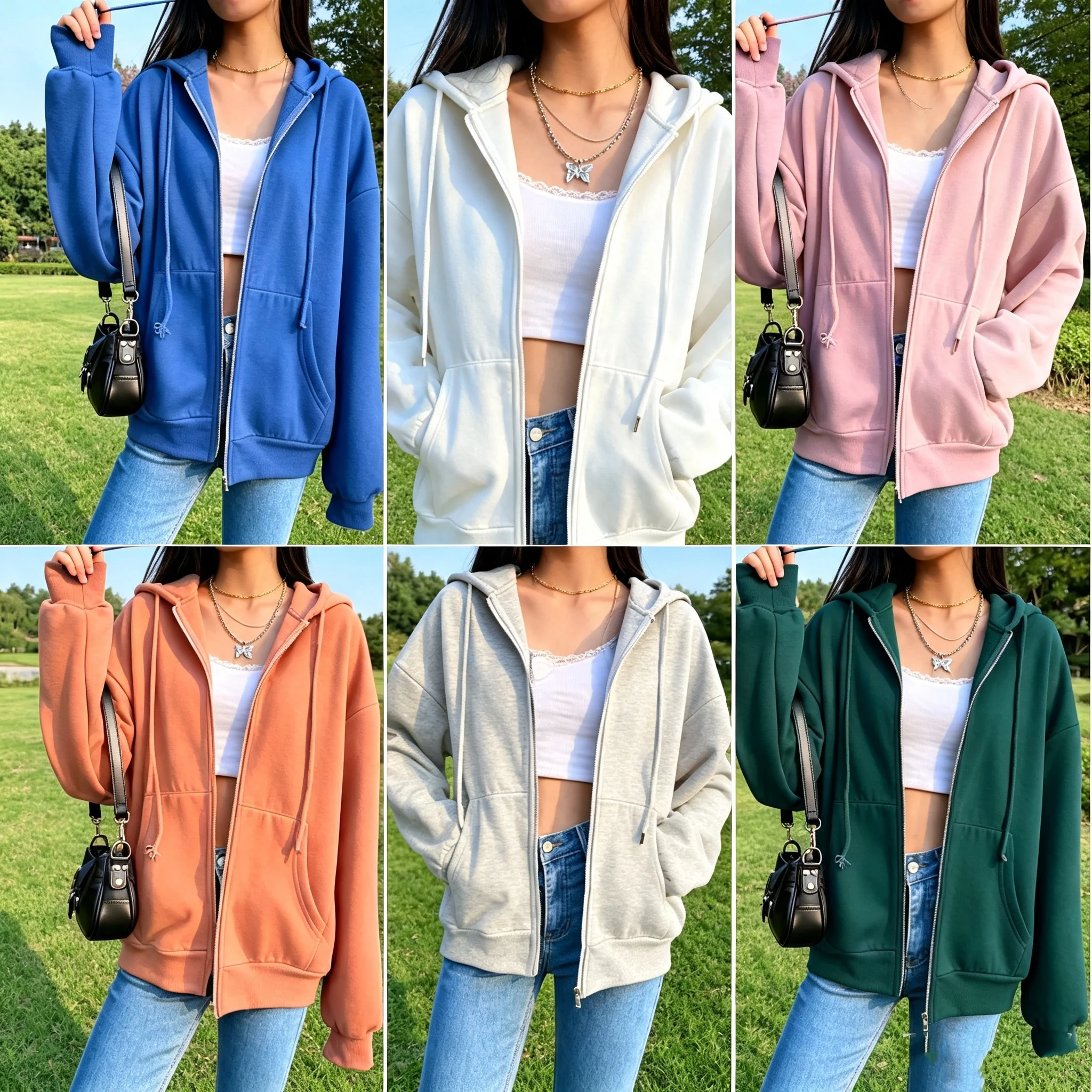 Autumn Fleece Hoodie Solid Color Hooded Korean Fashion Sweatshirts Long Sleeve Top Drawstring Pockets Loose Zipper Black Hoodies