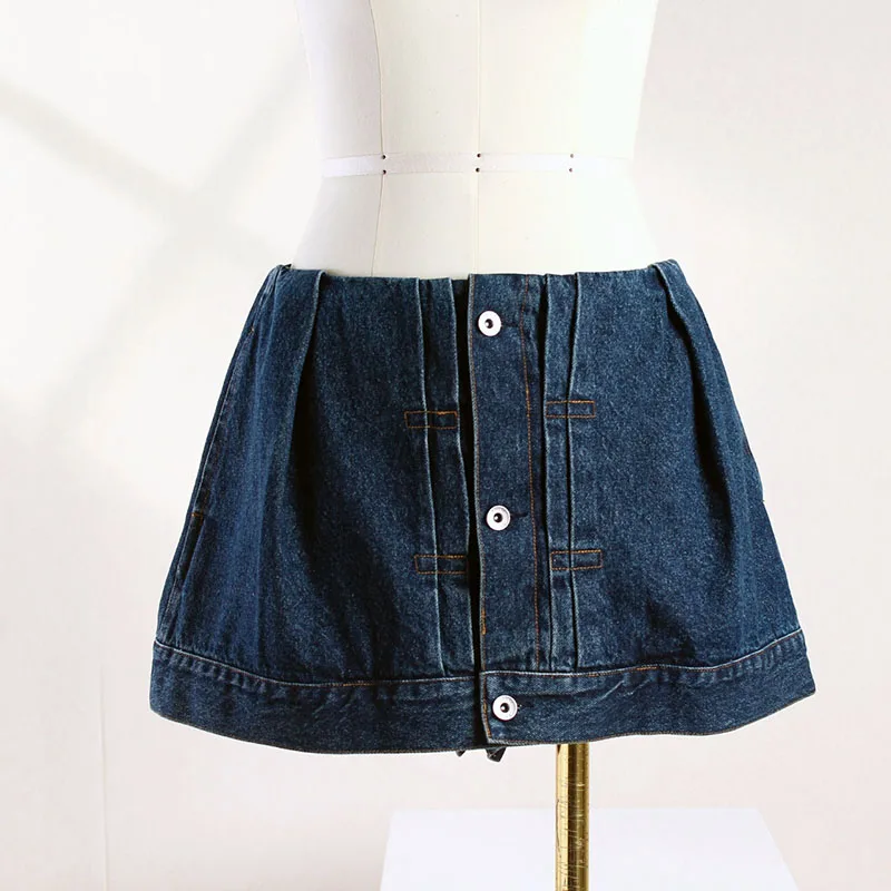 Skirt y2k spring/summer single-row tie-button pressed pleats cotton denim women\'s shorts2024simple casual A-line Skirt shorts