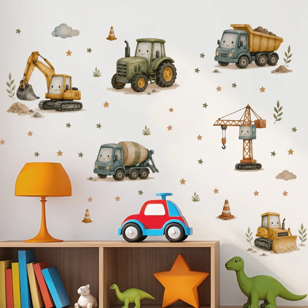 Construction Truck Vehicle Wall Decal Boho Transportation Car Crane Tractor Excavator Bulldozer Wall Sticker Playroom Decor