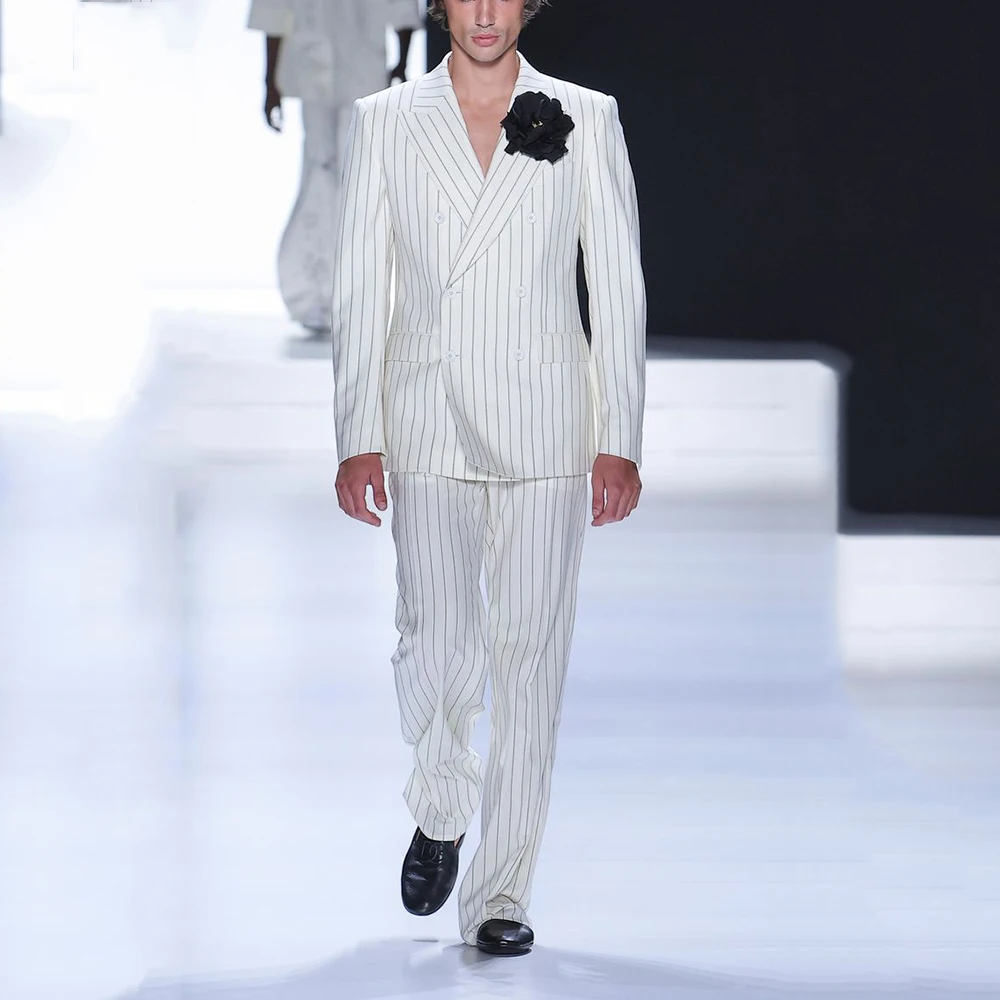 

Luxury Suits for Men White Striped Double breasted 2 Pieces Jacket Pants Blazers Sets Peak Lapel Banquet Business Male Clothing