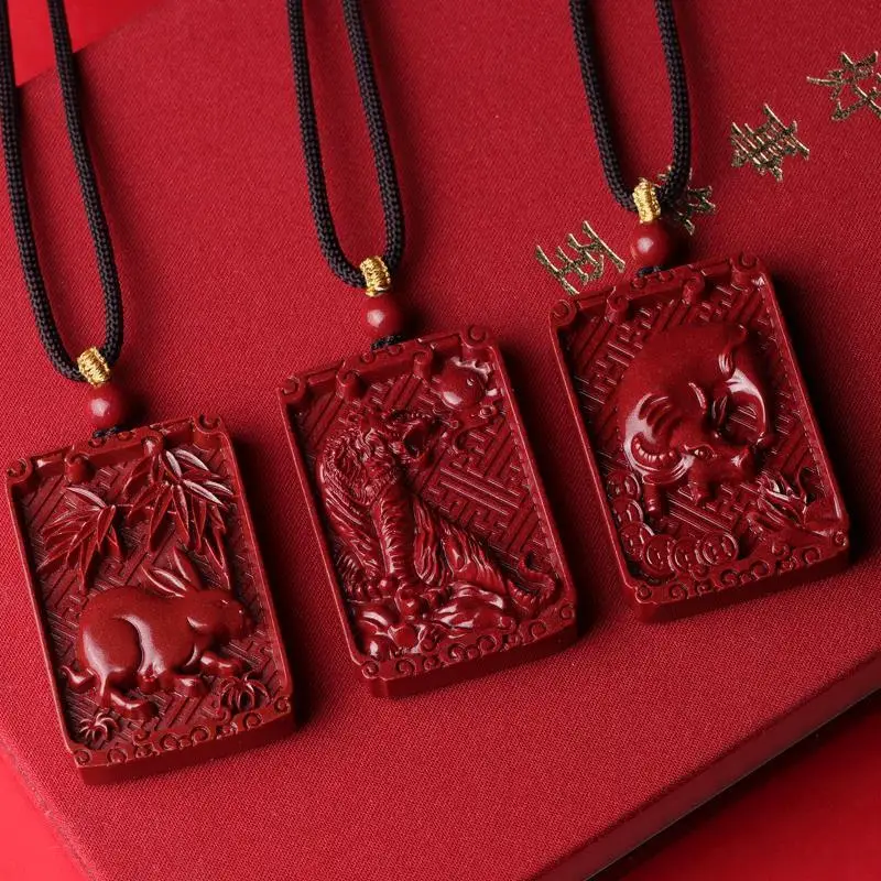 Natural Raw Ore Cinnabar Chinese Zodiac Pendants Birth Year Safety Blessing Amulet Necklace Wealth Good Luck Amulet Jewelry