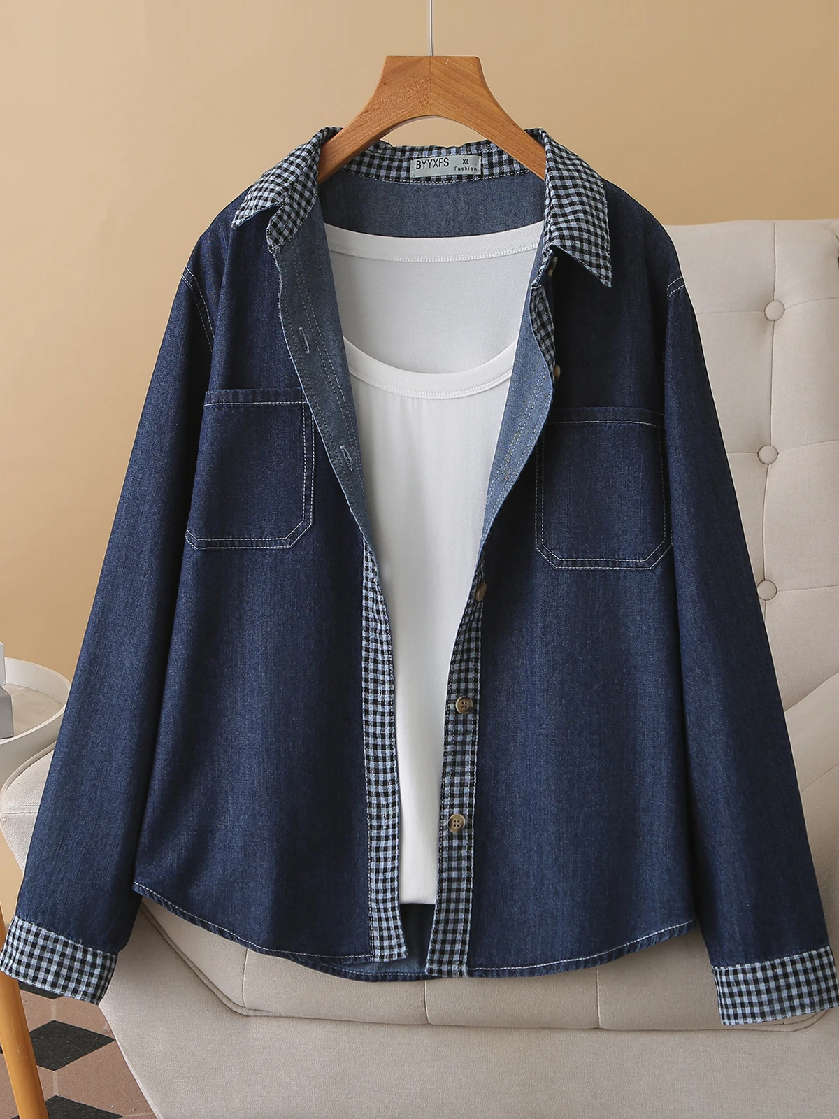 Loose Casual Women's Shirt Oversize Denim Plaid Splicing Casual Style Ladies' Short Coat Polyester Fiber Belly Covering