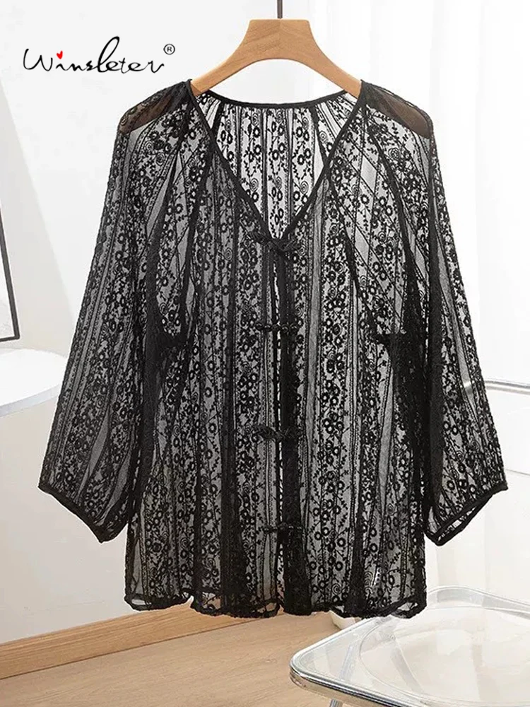 

Winsleter-100%Real Silk Elegant Shirt, V Neck Embroidery, Women Vacation Thin Loose Sunscreen Blouse, 2026 Summer New T66110CC