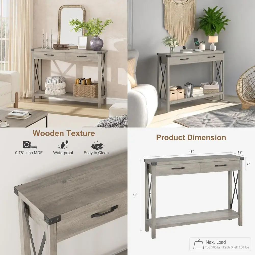 Farmhouse Style Console Table with Storage Drawers for Entryway, Accent Sofa Table with Shelf for Living Room