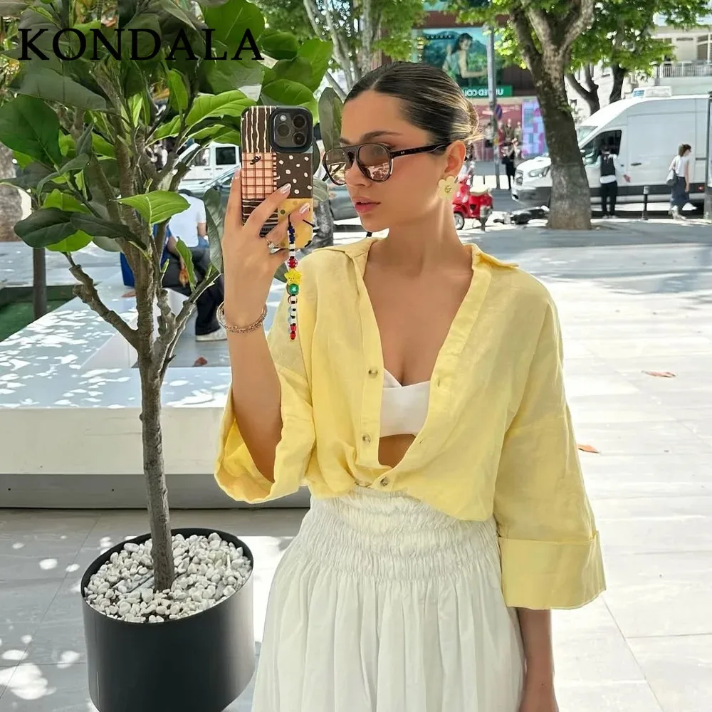 KONDALA2025 automne hiver décontracté mince femmes chemises mode beurre jaune solide ample simple boutonnage Chic élégant dames Cardigans