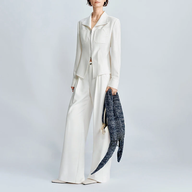 

Spring Fashion Slim Long Pants Suit Women Double Zipper Long Sleeves Coat+high Waist Straight Pants Autumn Female Two Piece Set