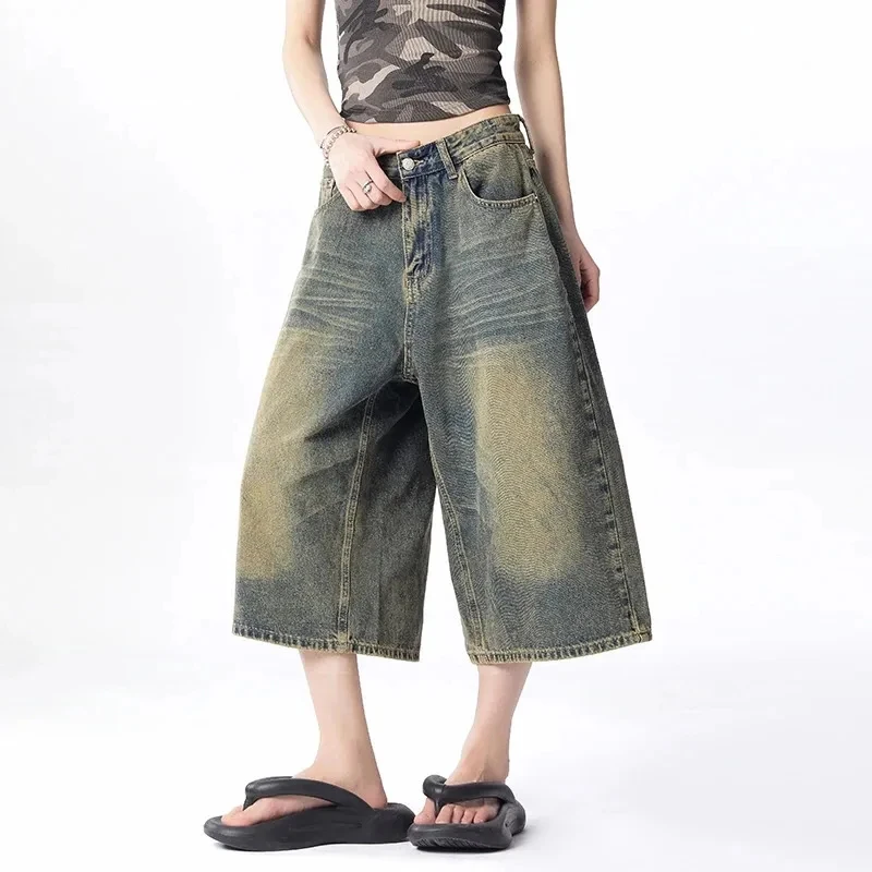 American Style High End Retro Washed Distressed Blue Wide Leg Cropped Jeans Shorts Loose Straight Knee Length Pants