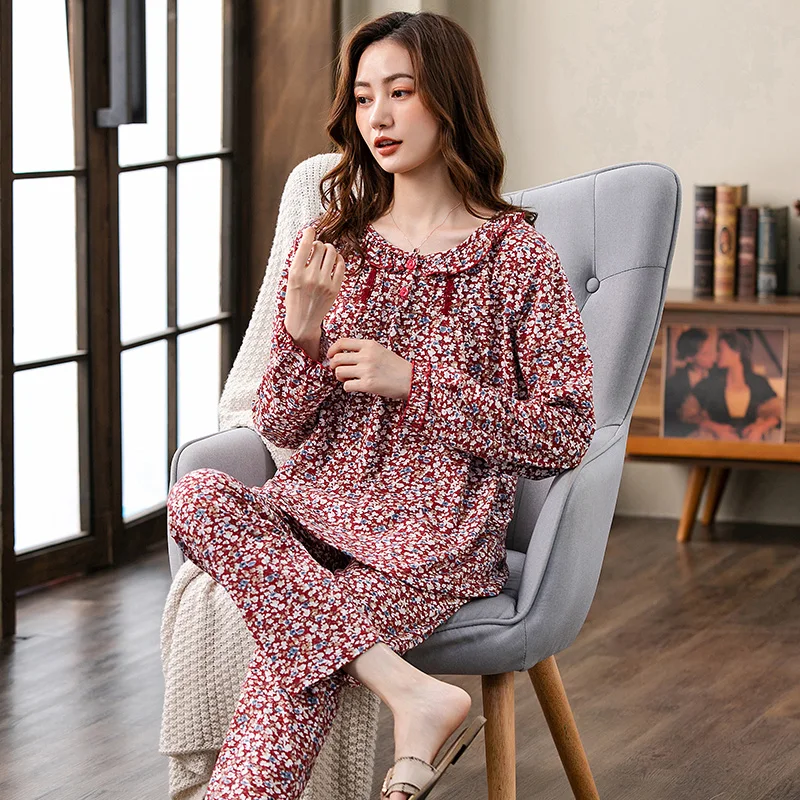 Autumn Knit Cotton Long Sleeve Pajamas For Middle Aged Lady Round Neck Sleepwear Small Flower Female Lounge Pajama Sets