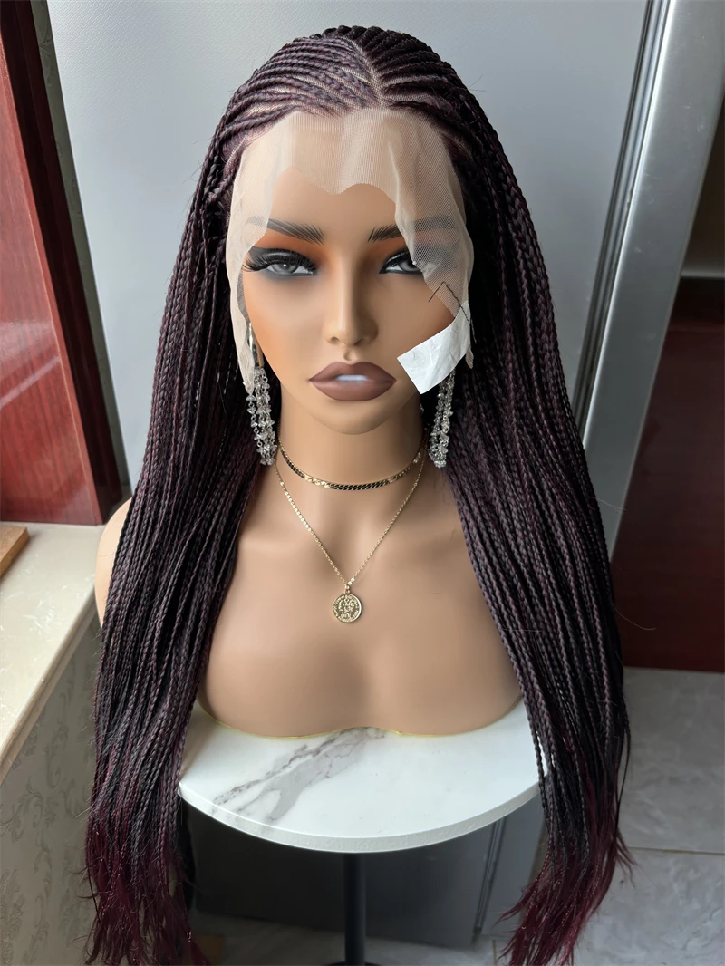 Dark 99J Synthetic Full Lace Braided Wig Crochet Braid Lace Frontal Wig Wine Color Knotless Box Braids Wig for Black Women