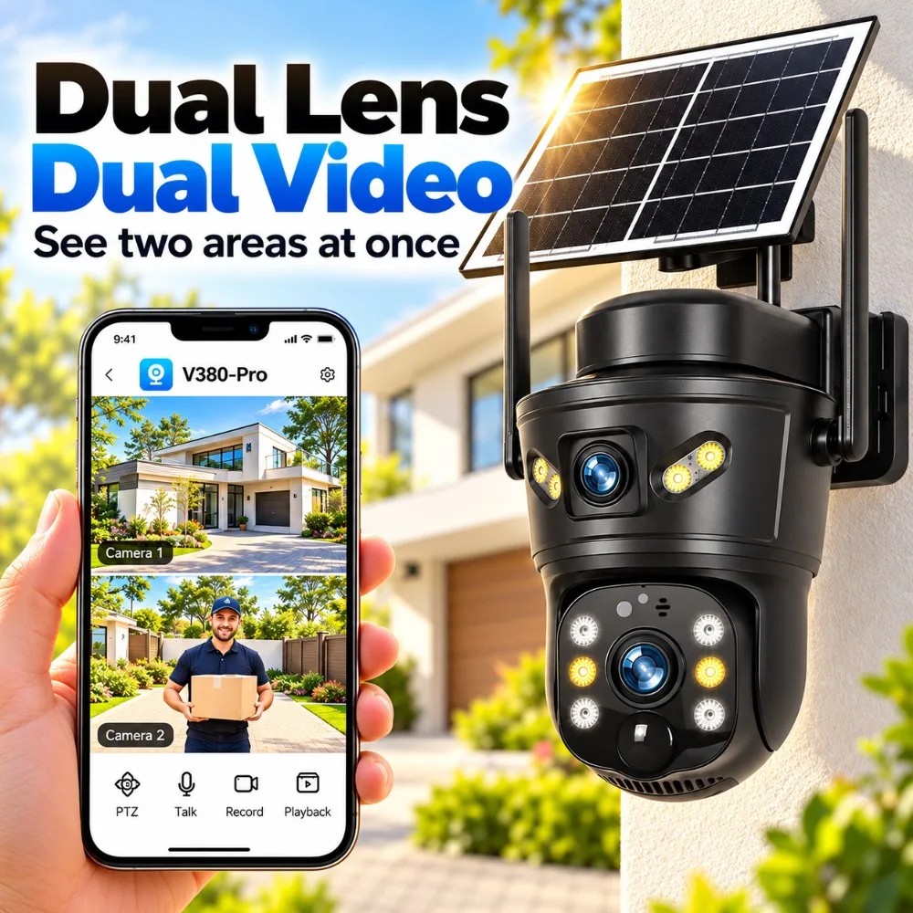 8MP WIFI Outdoor Solar Camera Dual Lens Battery CCTV PIR Night Vision IP66 Waterproof Security Surveillance Cameras Protection
