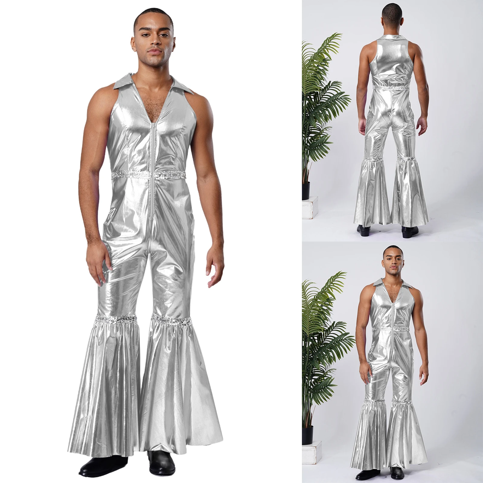 Männer Mode Shiny 70er Jahre Disco Walzer Ballroom Dance Strampler Holographische Overall für Retro Party Jazz Dance Performance Uniformen