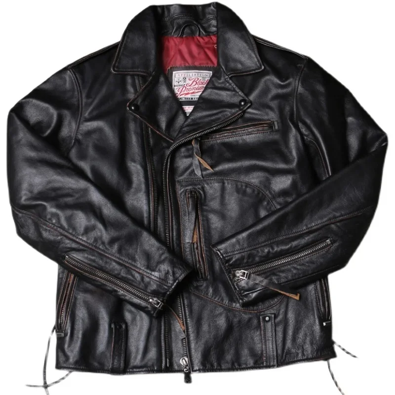 Black Winter Leather Jacket Men Vintage Style Plus Size 5XL Genuine Natural Cowhide Thick Warm Diagonal Zipper Leather Coat