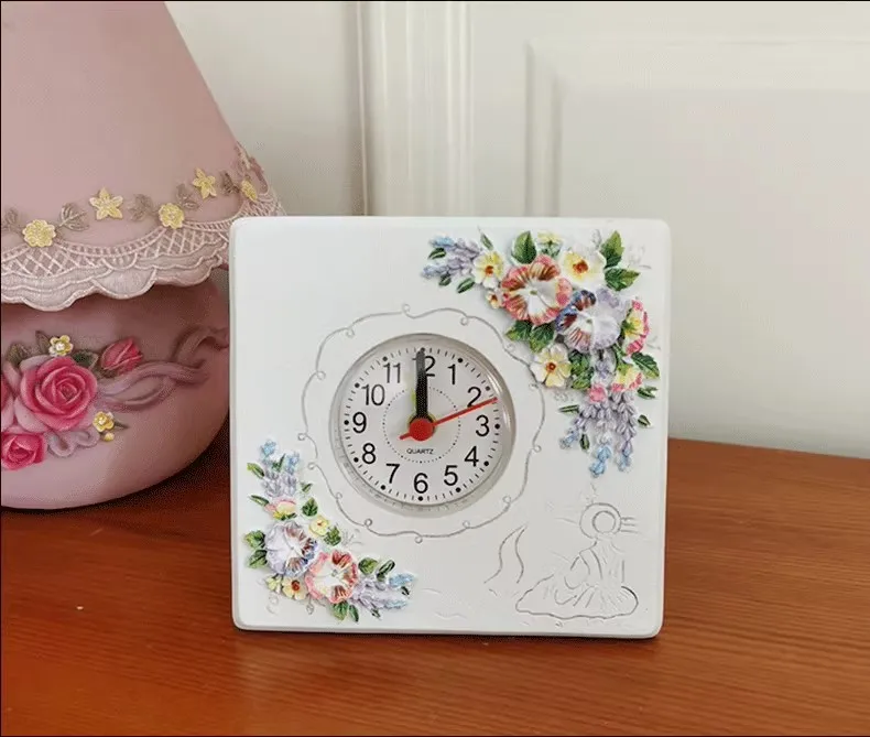 Handmade Painted Resin Small Alarm Clock, Pastoral Rose Pink Student Desk Clock