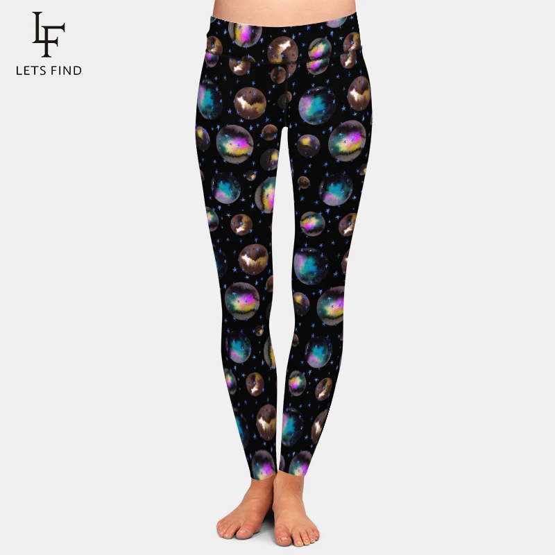 Letsfind moda feminina legging 3d planeta impressão estrelas de cintura alta aptidão leggings inverno alta elástica macio calça completa poliéster