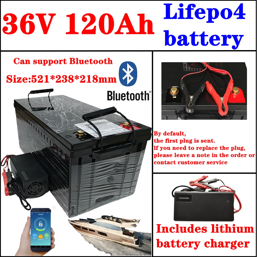 

waterproof 36V 120AH lifepo4 lithium battery Bluetooth BMS for 3000w 2000W UPS motor 10A Charger