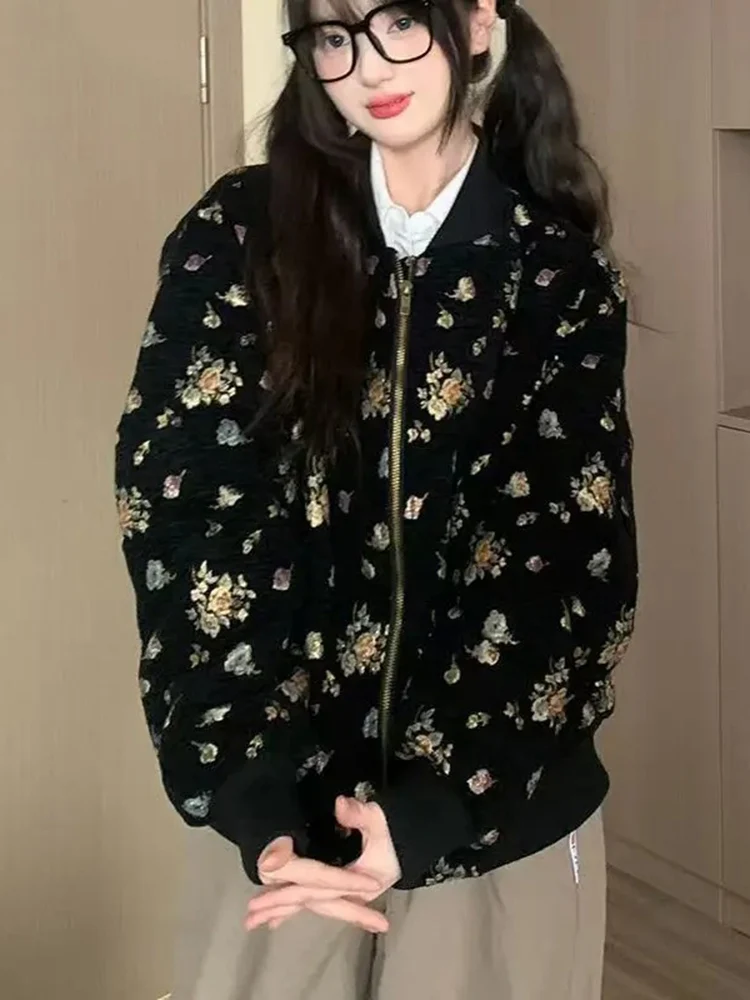 

Women Jackets Vintage Sweet Floral Printed Loose Outwear Zipper Autumn Winter Baseball Coats Female Fashion Casual