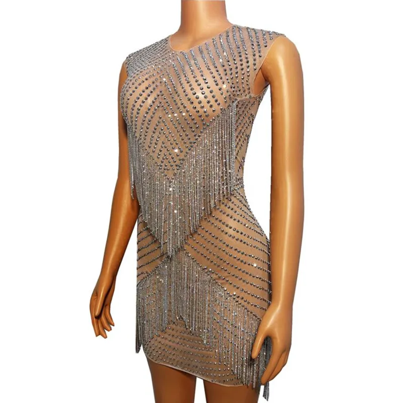 Sexy Silver Rhinestones Tassel Bodycon Mini Dress Transparent Dance Costume Bar Singer Host Stage Performance Fringe One Piece