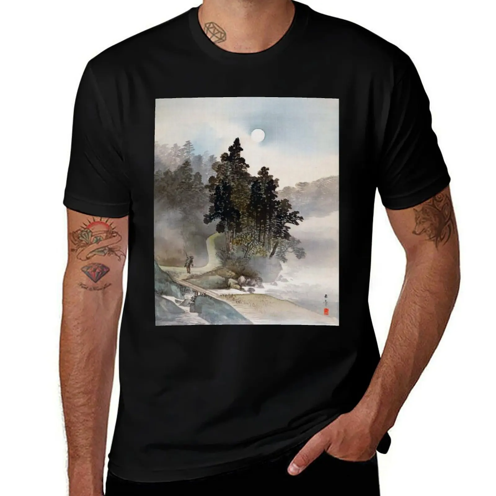 Traveling by Moonlight (Restored Japanese Artwork) T-Shirt man t shirt cotton high quality T-Shirt