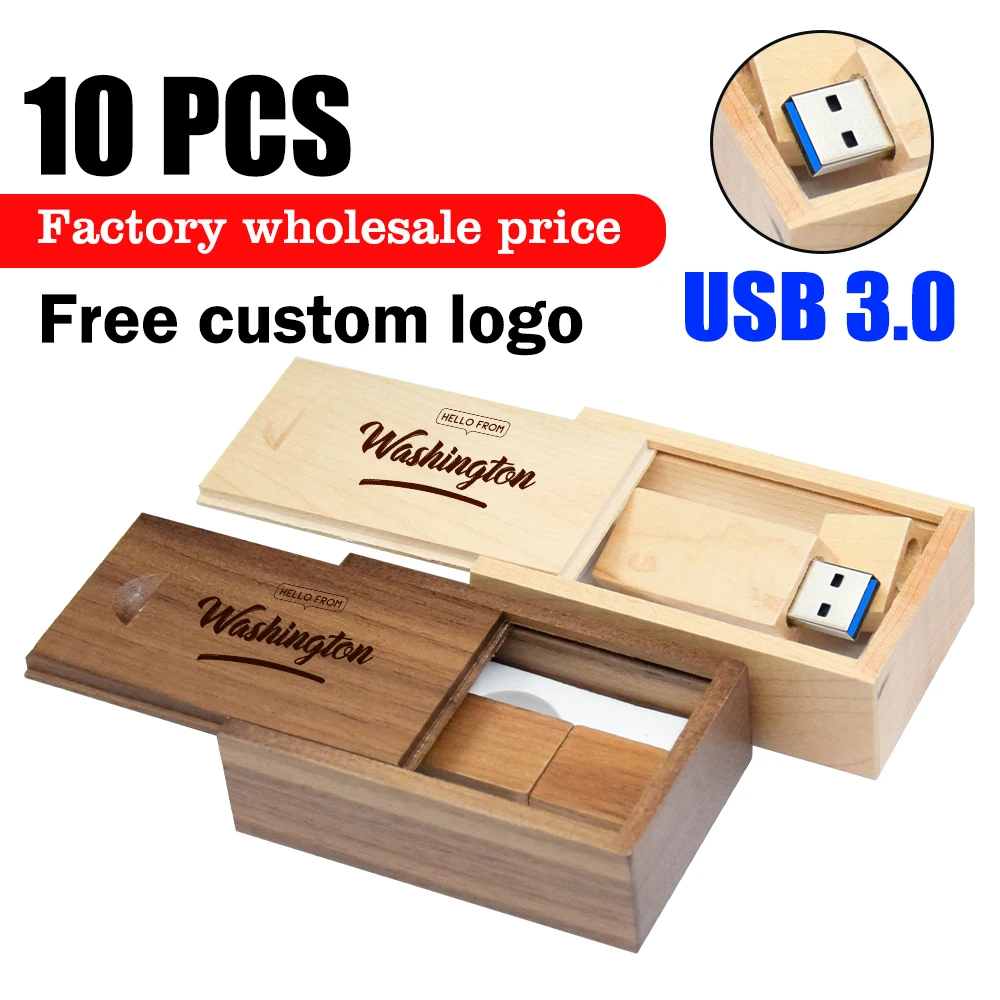 

10PCS LOT Wooden Box USB 3.0 Flash Drives 128GB Pen Drive 64GB High Speed Memory Stick 32GB 16GB 8GB 4GB Free Custom Logo