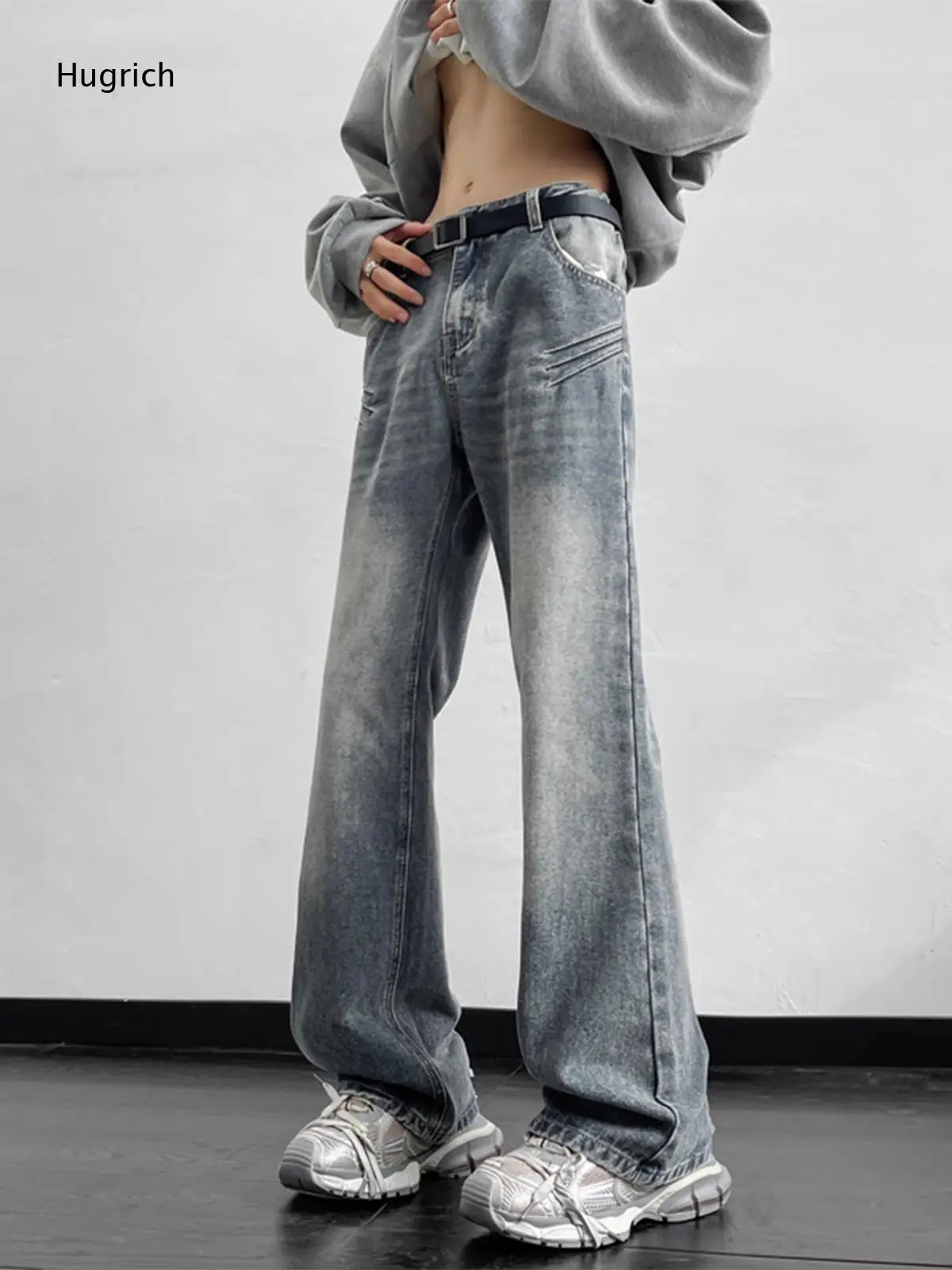 Faded Gray Distressed Decor Stitch Pocket Baggy Wide Flare Leg Daily Skate Casual Retro Denim Pants
