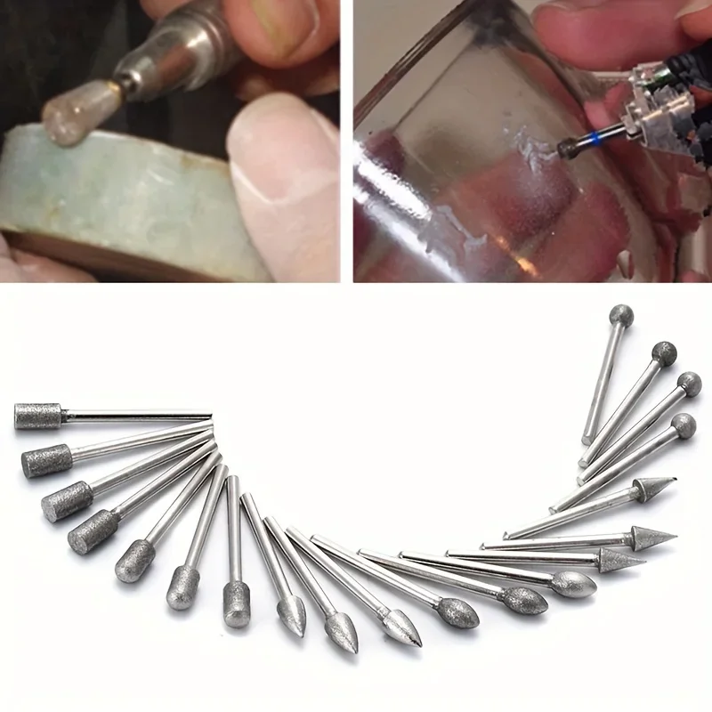 20pcs Diamond Grinding Heads Mini Bit For Rotary Drill Tool Burrs Grinding Accessories 3mm Shank Tools Kit Abrasive Tool