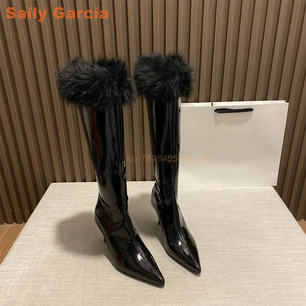 

Fur Sexy Knee-High Boots Solid Black Pointed Toe Zip Thin Heel Women Shoes Party Fashion Winter Trendy 2024 New Arrival Design