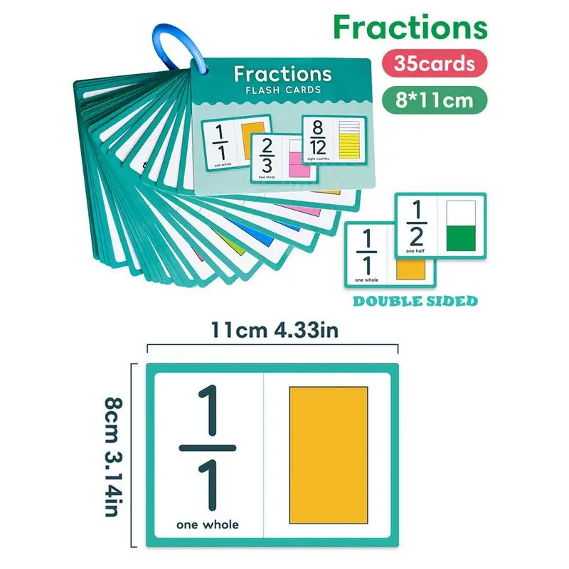 Cartões flash de frações montessori, 35 cartões, flashcards de frações de matemática para crianças, ferramenta de aprendizagem de matemática de 1 a 12, auxiliares de ensino escolar