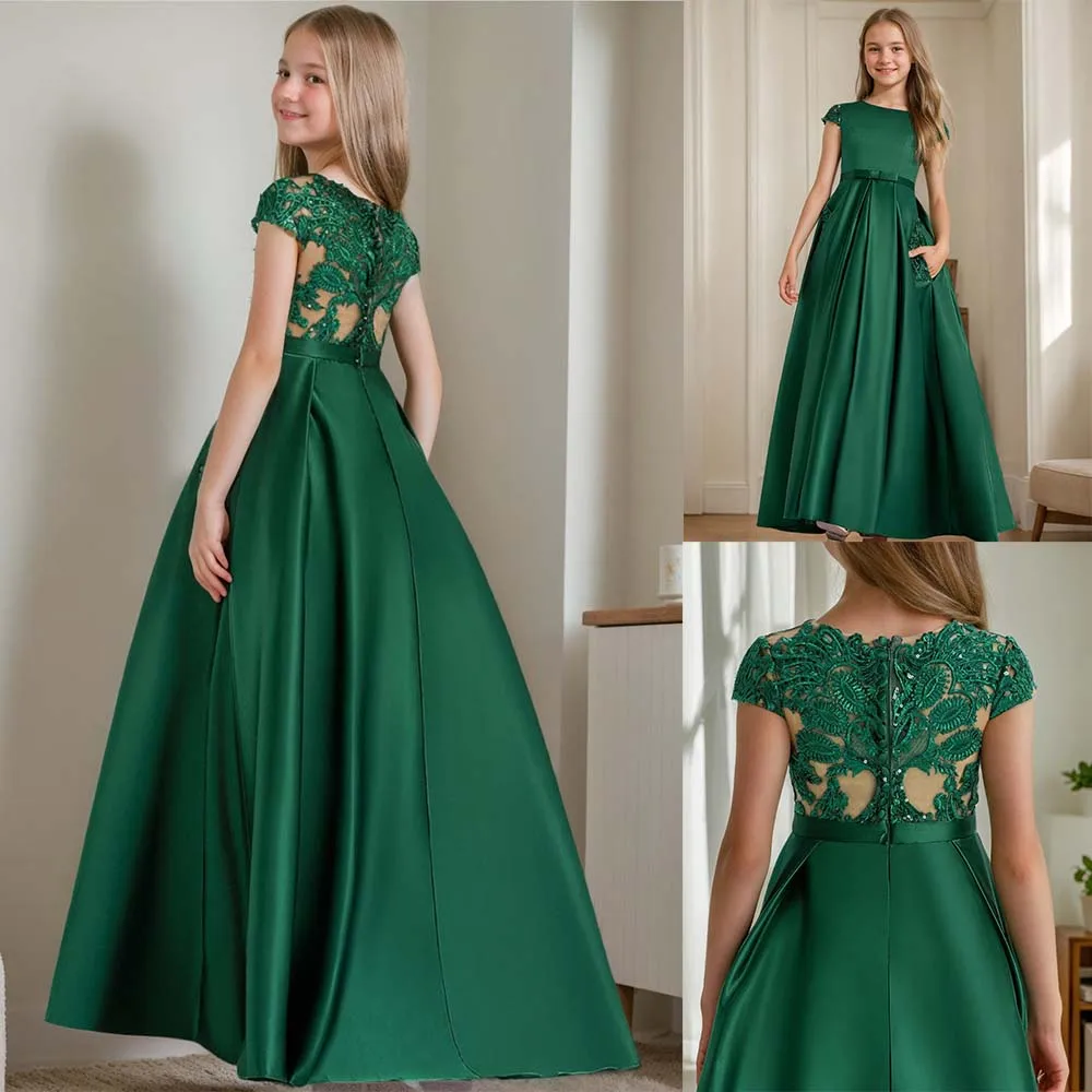 Customized Girls Pageant Dress With Pocket Green Princess Flower Girl Dresses 2-14Y Kids Sequined Lace Satin Wedding Party Gown
