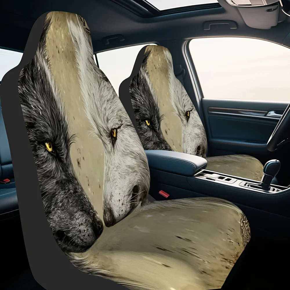 2pcs, Vintage Dual Wolf Stare Design Car Seat Cover Set For Most Cars, Fashion Novelty Car Seat Covers Covers, For All Seasons,