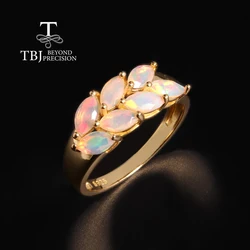 Leaf shape design October Birthstone Natural Opal 18K yellow 925 silver ring fine gift for women and girls