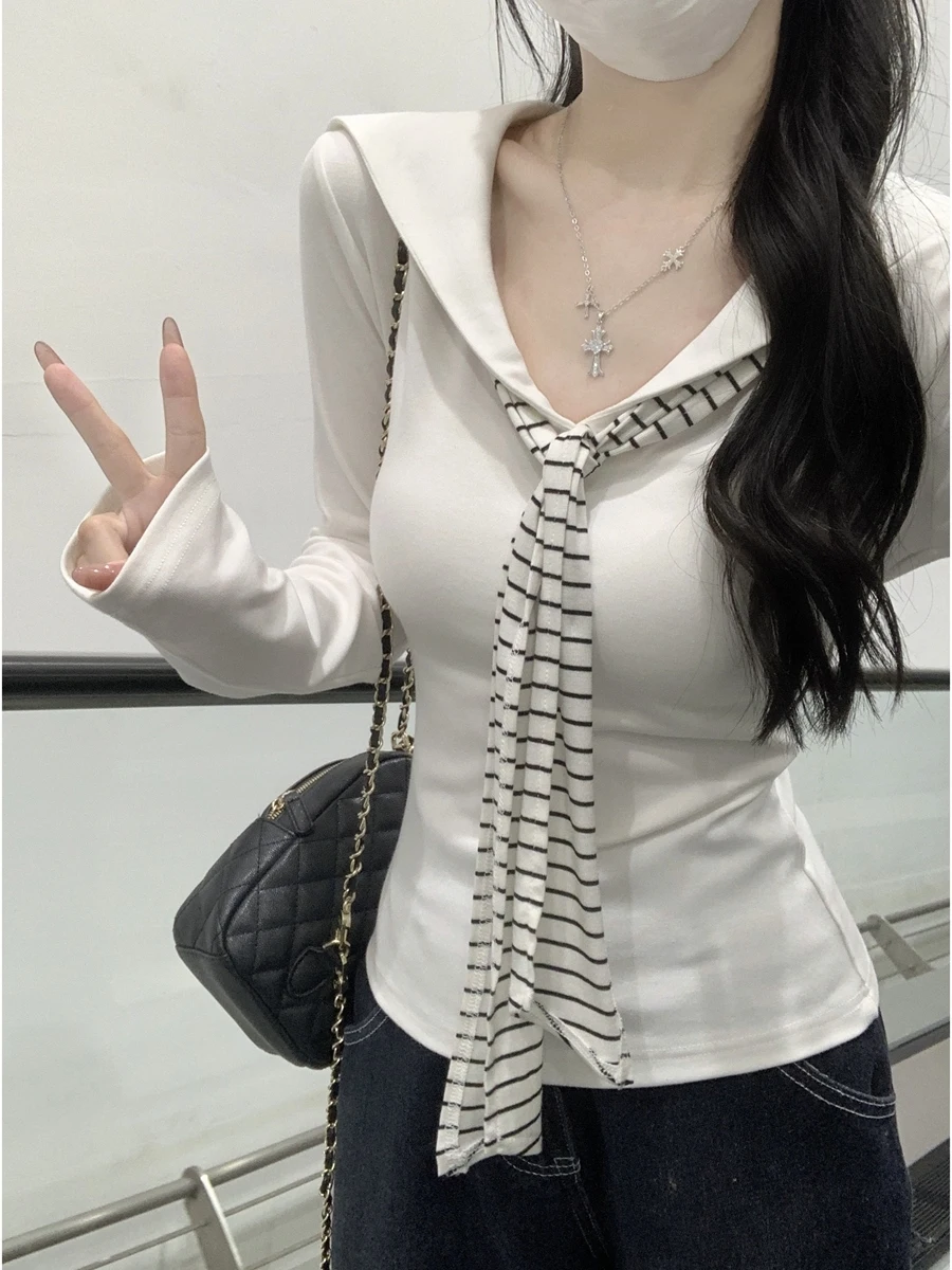 Korean Style Striped Shoulder Wrap V-Neck Long Sleeve T-Shirt Women's Autumn New Arrival Youthful Fake Two-Piece Top
