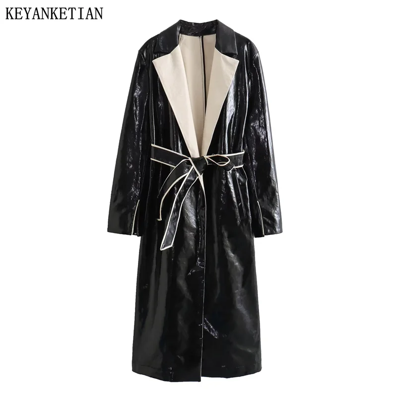 

KEYANKETIAN Winter New Women's Artificial leather patent leather coat Vintage With Belt Contrast Color Padded Long Trench