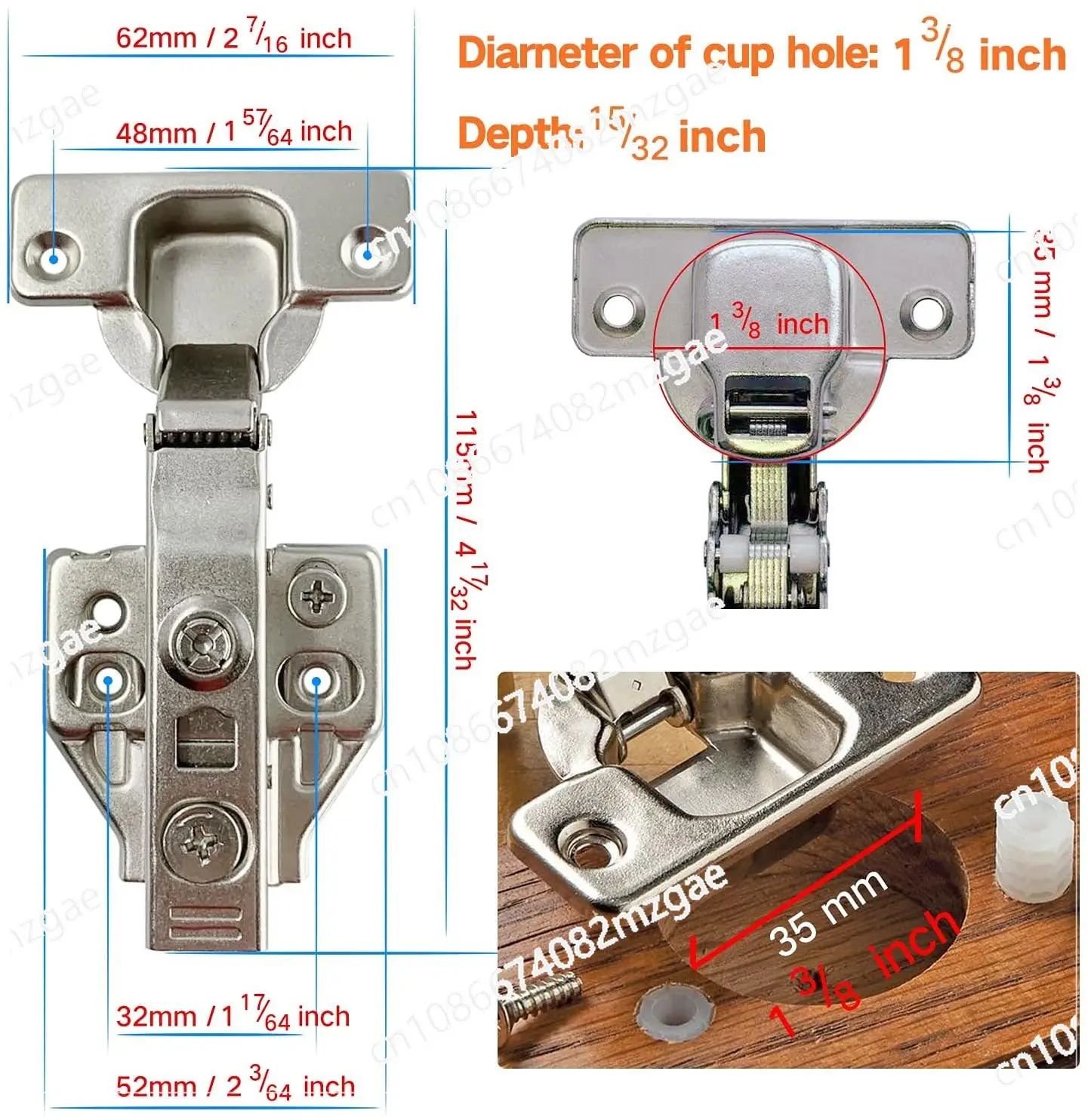 High Quality Door Cupboards Hinge Full Overlay 105° Soft Closing for Furniture Kitchen Cabinet Three Way Adjustable