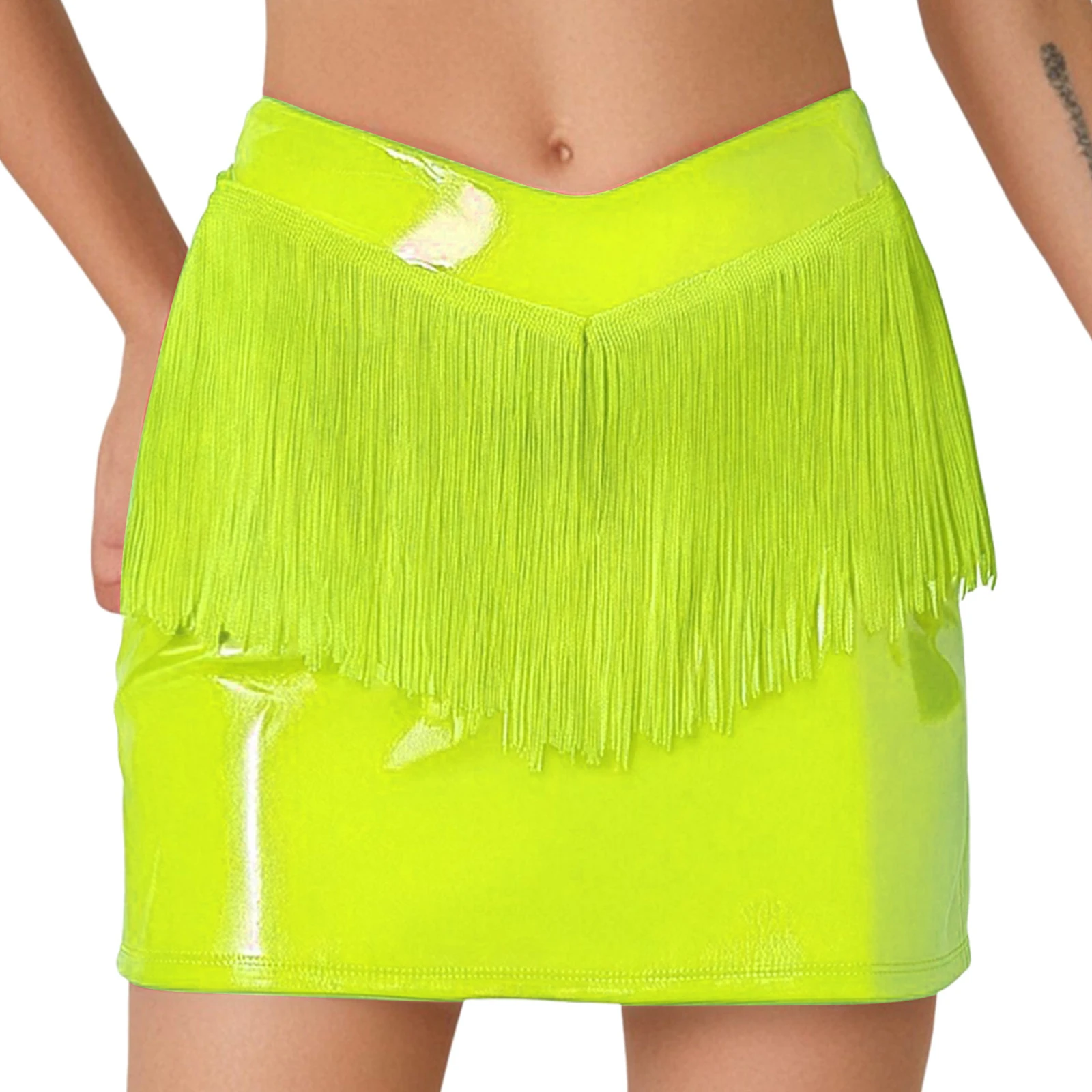 

Women Shiny Patent Leather Fringed Skirt High Waist Mini Pencil Skirts for Nightclub Dance Rave Party Music Festival Outfits