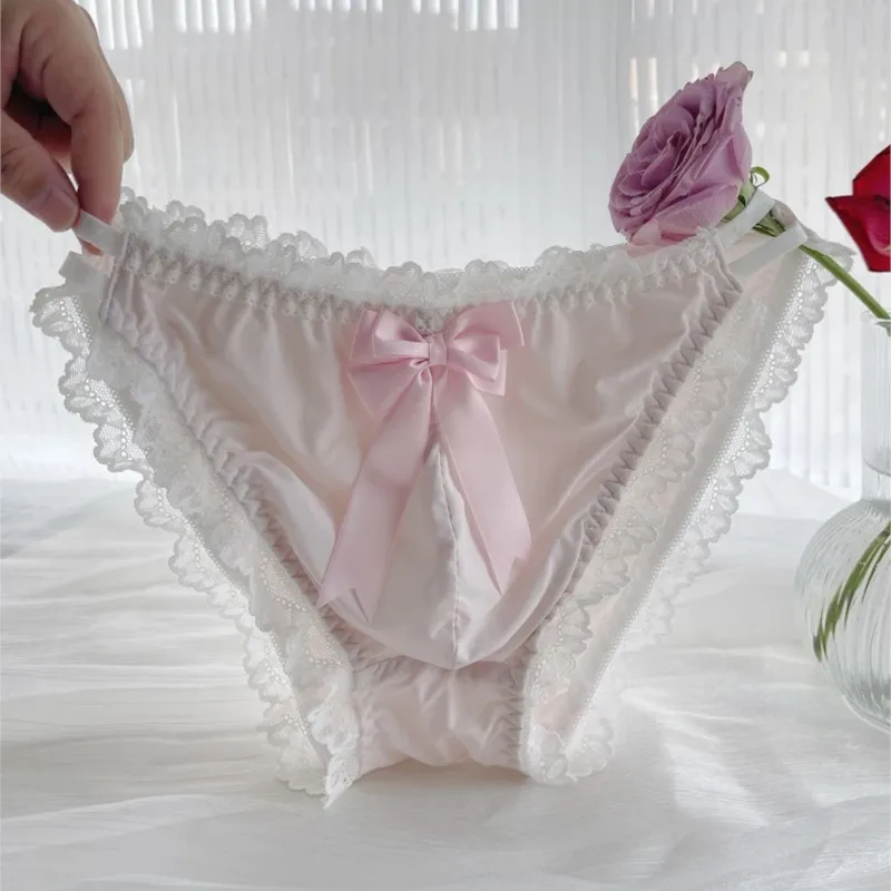 Sissy Lace Big Bowtie Briefs Man's Cotton Convex Pouch Underwear Cross-dressing Low-waisted Ruffled Panties Breathable