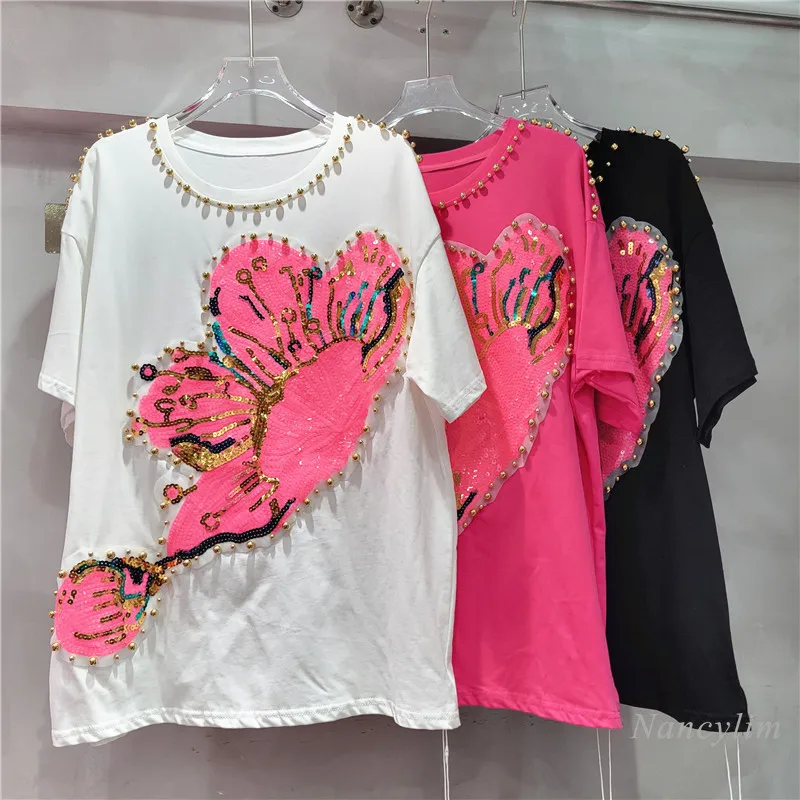 

Sequined Flower Beaded Fashion T-shirt Stitching Short Sleeve Crew Neck Casual Youthful-Looking Design Sense Niche Top Tshirt