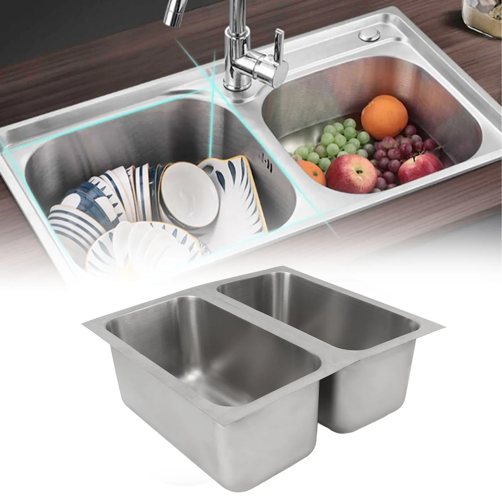 

Раковина для автофургона, кухонная раковина с двойной чашей из нержавеющей стали 304 со сливным выходом 40 мм для лодки, дома на колесах, грузовика, вставная раковина