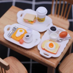 Dollhouse Miniature Breakfast Hamburger Croissant Butter Bread Toast Milk Egg Coffee Knife Fork Spoons with Tray Kitchen Food