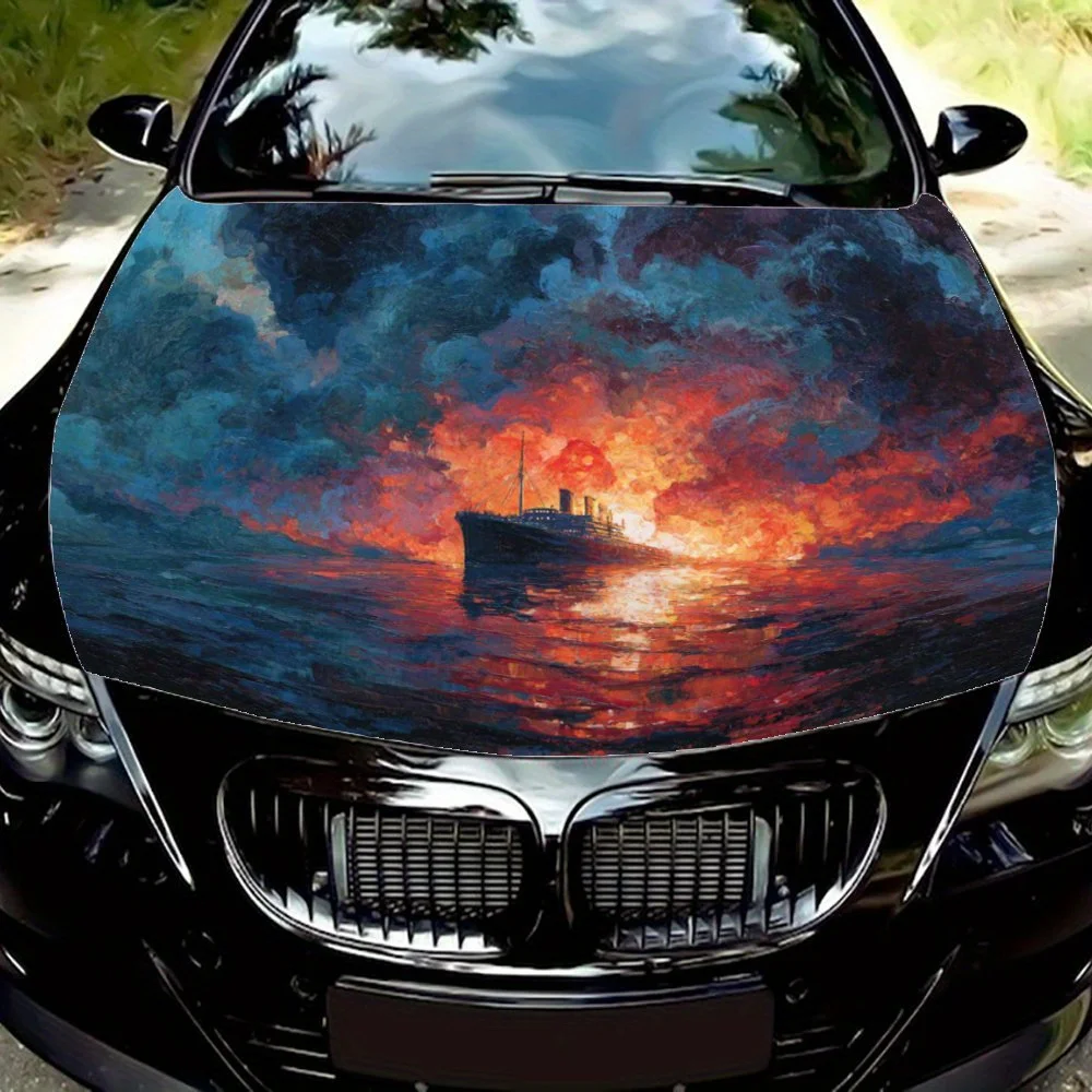 

Burning ship at sea with a dramatic sky Car Vinyl Wrap - Splash-Resistant PVC Decal For Engine Hood, Easy Removal & Durable Desi